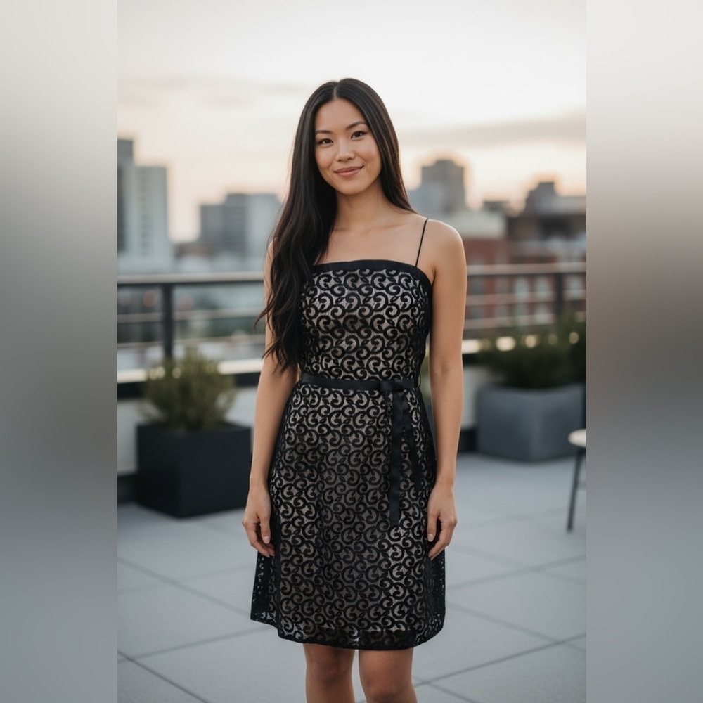 White House Black Market Spaghetti Strap Black, Nude Lining Evening Dress 3/4